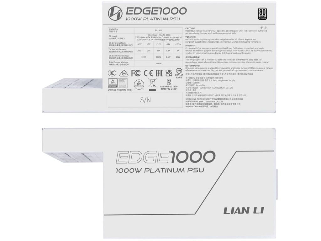 Lian Li EDGE 1000W, 12VHPWR, ATX 3.031-kompatibel, 80+ platina, 120 mm fläkt, ATX, modulär